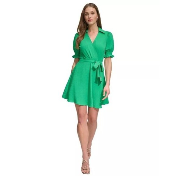 129$ DKNY Collared Tie-Waist Puff-Sleeve Cocktail Wrap Dress Size 2 Apple Green - Picture 1 of 3